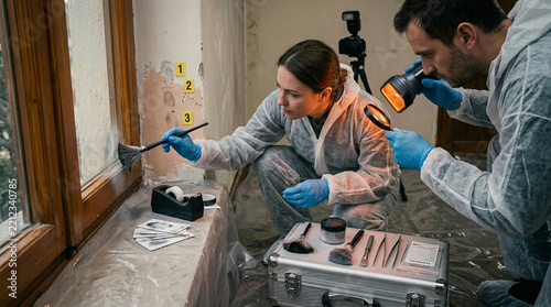 Forensic investigators examining evidence at crime scene with dusting powder and fingerprint kit