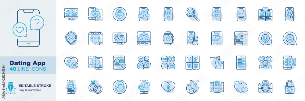 Fototapeta premium Dating app icon set. Editable line icons smartphone chat, user profile, wedding rings, love match vector illustration