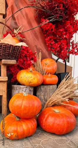 Entrance of a shop decorated with orange pumpkins ; close up