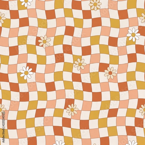 Seamless 70s groovy wavy checkerboard and retro daisy flower pattern