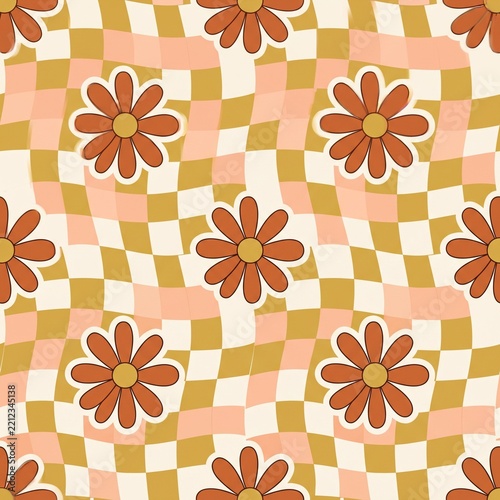 Seamless 70s groovy wavy checkerboard and retro daisy flower pattern