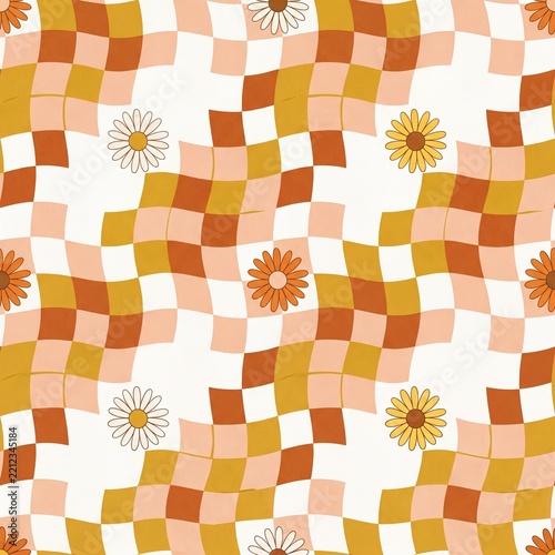 Seamless 70s groovy wavy checkerboard and retro daisy flower pattern