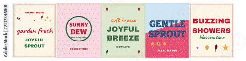Set of five colorful spring themed greeting card designs with text