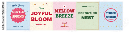 Set of five spring themed greeting cards with pastel backgrounds