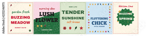 Set of five spring themed greeting cards with floral typography