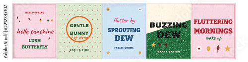 Set of five colorful spring themed greeting cards with typography