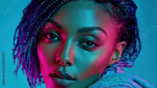 Close up portrait of a woman with braided hair illuminated by neon pink and blue lights