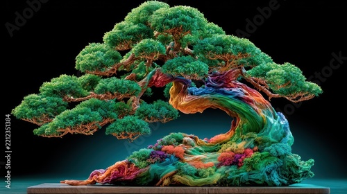 Vibrant rainbow bonsai tree sculpture on transparent background