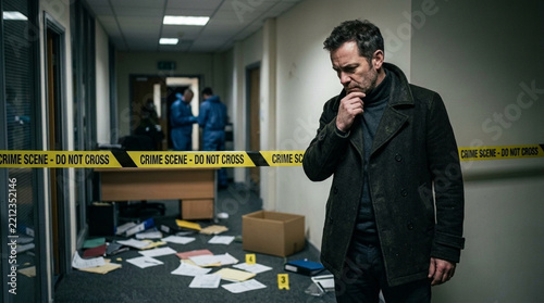 Detective investigating messy crime scene in office corridor police tape papers scattered