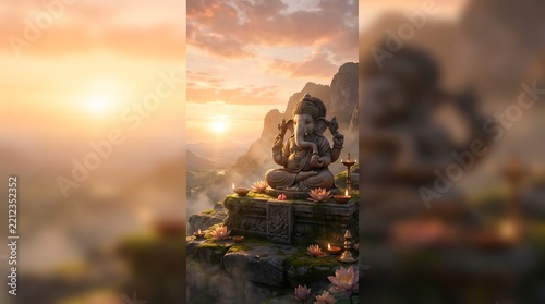Lord ganesha statue outdoor altar during sunset mountain