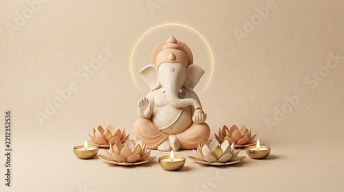 Minimalist ganesha statue with lit oil lamps and lotus flowers