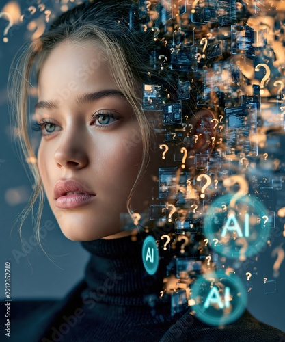Young woman overwhelmed by glowing AI question marks and chat icons in advertising style beauty concept with copy space