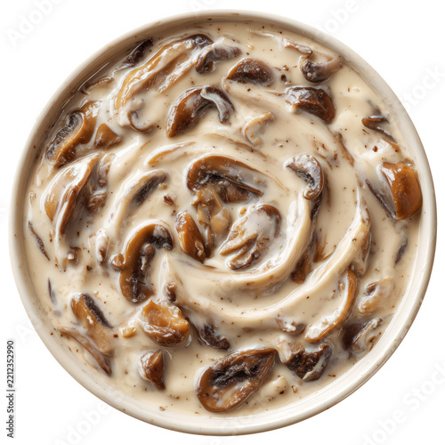 Top view of creamy mushroom sauce swirl isolated on white background with clipping path, concept of gourmet cooking