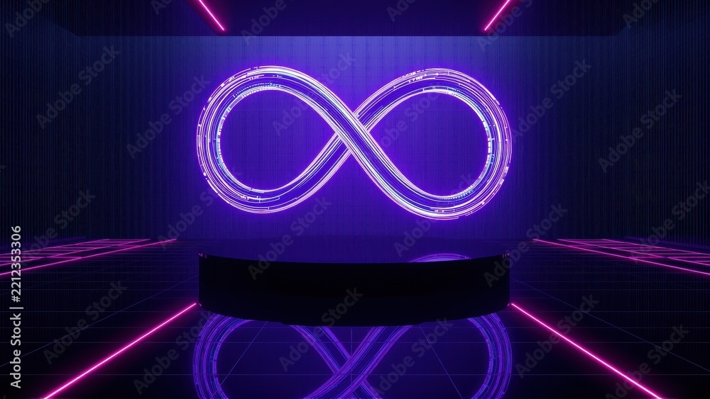 Fototapeta premium Bright infinity symbol glows within dark room. Reflections create symmetrical visual effect. Neon lights emphasize depth.