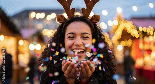 A cheerful young woman with reindeer antlers celebrates the winter holidays by blowing colorful confetti at a festive Christmas market surrounded by glowing lights