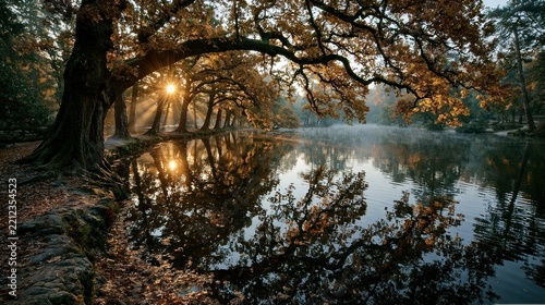 Golden autumn morning sunbeams through oak tree branches over misty lake