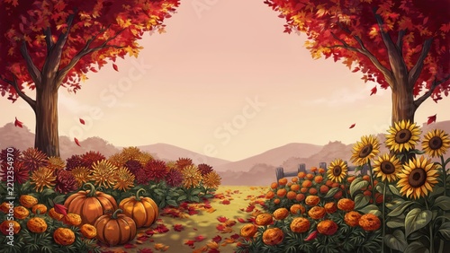A whimsical cartoon style autumn landscape featuring pumpkins and sunflowers blooming