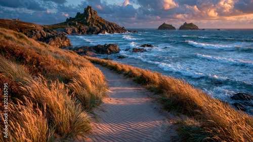 Coastal path at golden hour with crashing waves and rocky islands