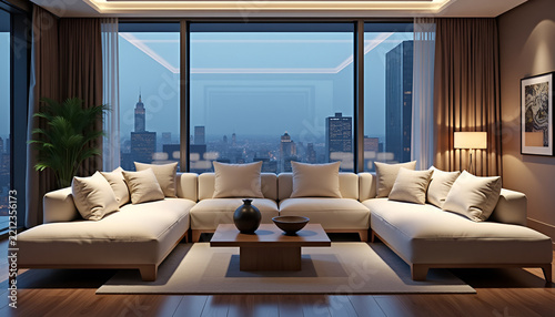 A sophisticated modern living room illuminated by warm ambient light against a softly blurred city evening, combining comfort, architecture, and refined neutral interiors