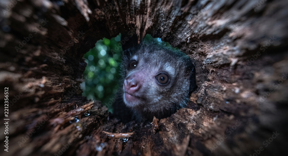 Fototapeta premium Close-up of a rare Aye-aye lemur (Daubentonia madagascariensis) looking out from its tree-hole nest in a Madagascar rainforest