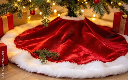 Close-Up Red Christmas Tree Skirt, White Trim Pine Needles Warm Light