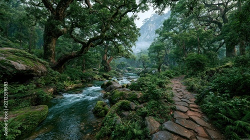 Lush forest stream with moss covered rocks and stone path under trees