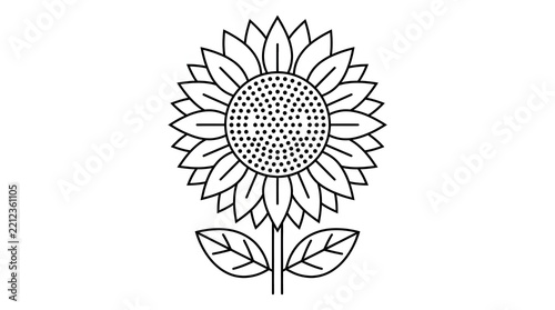 Black and White Line Art of Sunflower with Detailed Petals