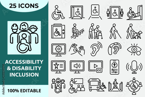 Accessibility and Disability Inclusion Icons for Wheelchair Mobility, Assistive Technology and Inclusive Design
