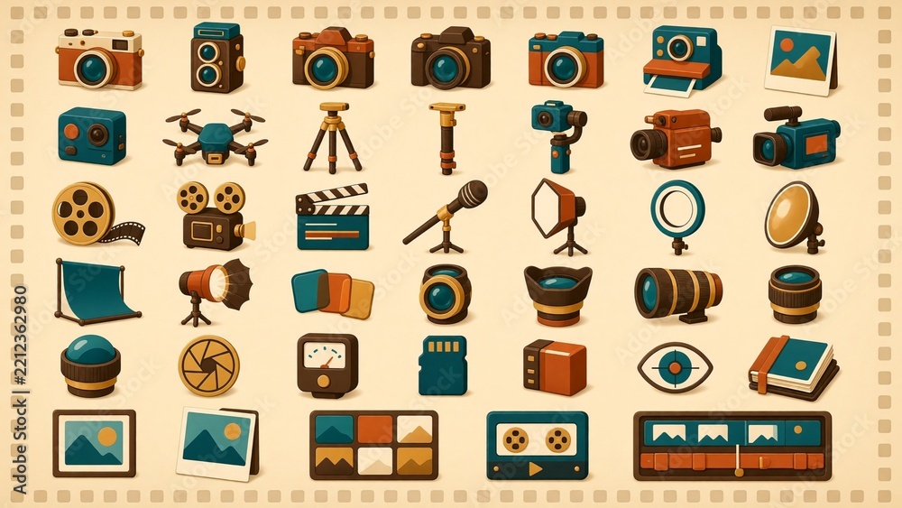 Fototapeta premium Photography and Videography Camera Equipment Retro Icon Set
