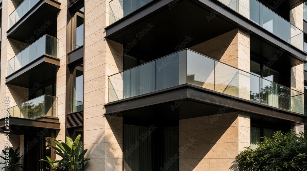 Fototapeta premium Modern apartment building with large glass balconies, stone facade. Luxury residential architecture features contemporary design, green plants near entrance. Stylish urban housing with glass