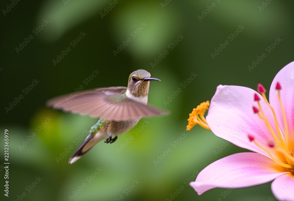 Fototapeta premium Hummingbird in Flight Near Pink Lily