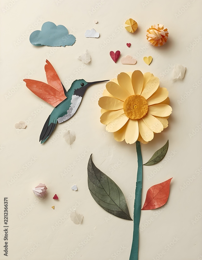 Fototapeta premium Whimsical paper art collage featuring a handcrafted hummingbird and large yellow flower on a cream background.