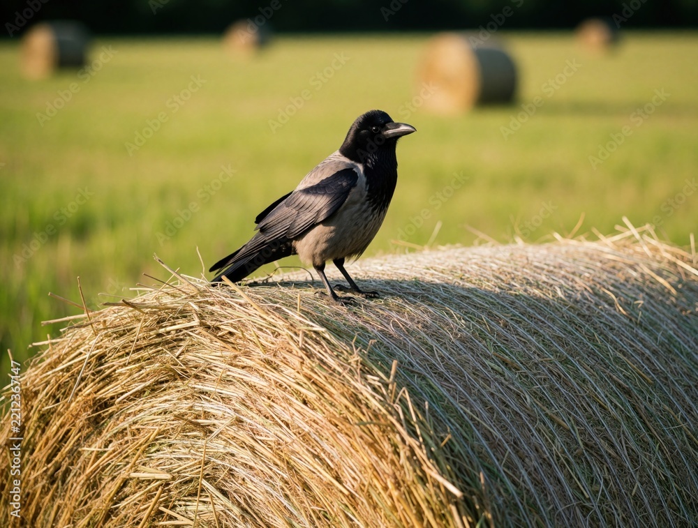 Fototapeta premium Black carrion crow sits on large hay bale in rural field. Wild bird perched on straw roll during autumn season. Intelligent avian animal looks around farm meadow under bright sunlight. Nature