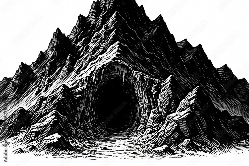 Fototapeta premium Black, white ink illustration of dark mountain cave entrance. Rocky cliff, mysterious stone tunnel opening in steep peak. Abstract monochrome graphic design shows secret passage for adventure,