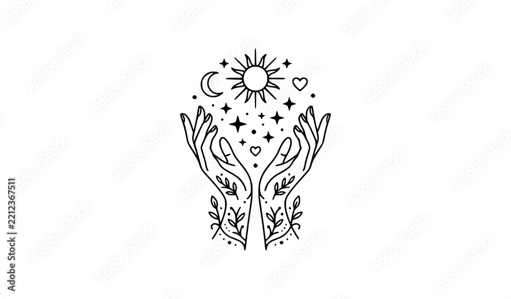 Fototapeta premium Feminine Hands with Moon Stars and Sun Linear Logo