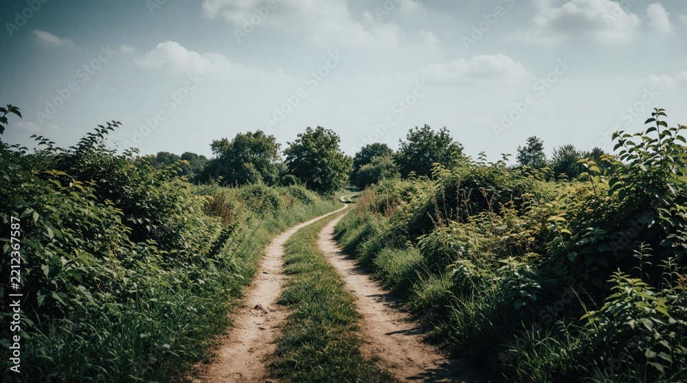 Obraz premium Dirt path winds through green countryside landscape. Rich bushes, tall grass line narrow farm road under cloudy blue sky. Scenic rural track leads into distant trees, forest. Peaceful summer day in
