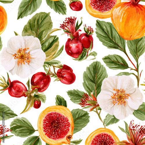 Watercolor pomegranate and citrus fruit pattern with white blossoms and green leaves. Seamless repeat for fabric and surface design. Retro botanical print. Vintage wallpaper and packaging