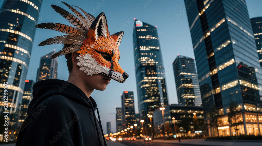 Fototapeta premium Teenager wears handcrafted fox mask with feathers in urban city. Young man stands among tall skyscrapers, modern office buildings at dusk. Mysterious person explores downtown street with unique