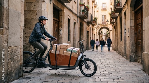 Electric cargo bike on a narrow street