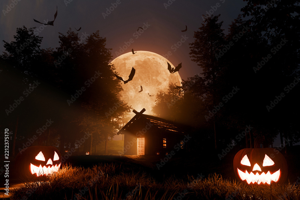 Fototapeta premium Spooky Halloween night background featuring glowing jack-o'-lantern pumpkins, an eerie wooden cabin, a huge glowing full moon, and dark bats flying through the mysterious autumn forest.