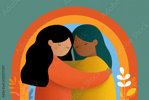 Illustration style, modern flat vector, diverse adults embracing under a brilliant double rainbow, uplifting atmosphere, minimalist background, colorful gradients, commercial vector illustration, no
