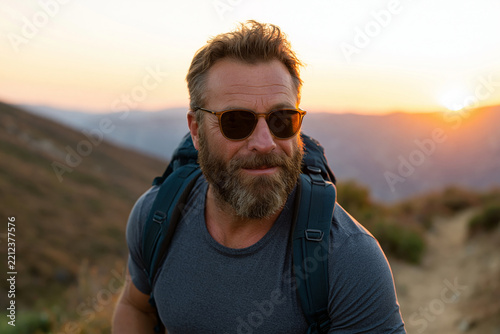 Gorgeous and professionally composed picture of confident hiker wearing premium UV protective shades on a scenic mountain trail at sunrise, authentic outdoor adventure, natural smile, clean athletic