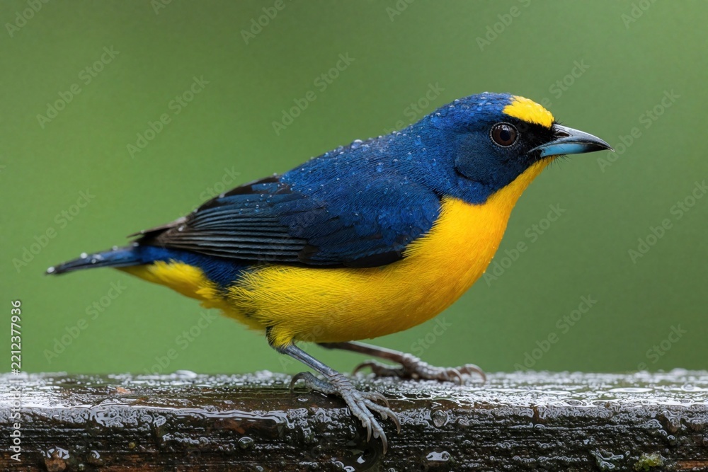Obraz premium Yellow throated euphonia bird sits on wet wooden branch. Small colorful songbird with blue plumage, bright yellow belly perches in tropical forest. Single avian wildlife species shows vibrant