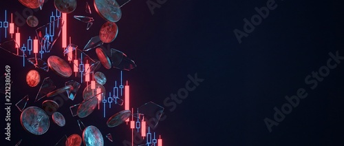 A conceptual visualization of a market crash featuring metallic currency and broken shards floating over a bearish stock exchange candlestick graph