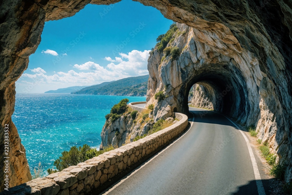 Fototapeta premium Winding coastal road passes through stone tunnel carved in rocky cliff. Scenic view of blue ocean, green mountains under bright summer sky. Travelers drive along mountain highway to explore beautiful