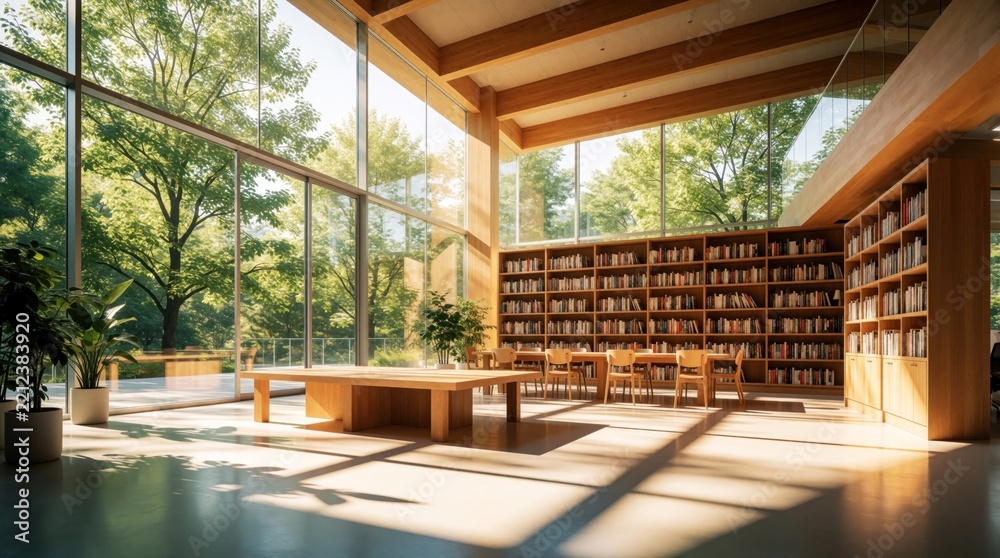 Naklejka premium Modern sunlit library with huge glass windows. Bright wooden interior features large bookshelves, study desks, indoor plants. Green trees visible outside through transparent walls. Peaceful workspace