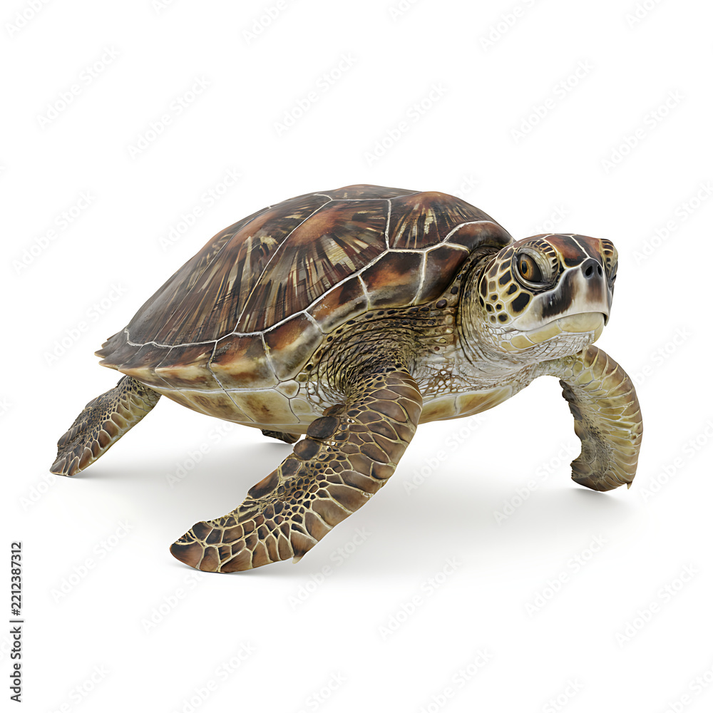 Fototapeta premium Realistic sea turtle crawling on white background