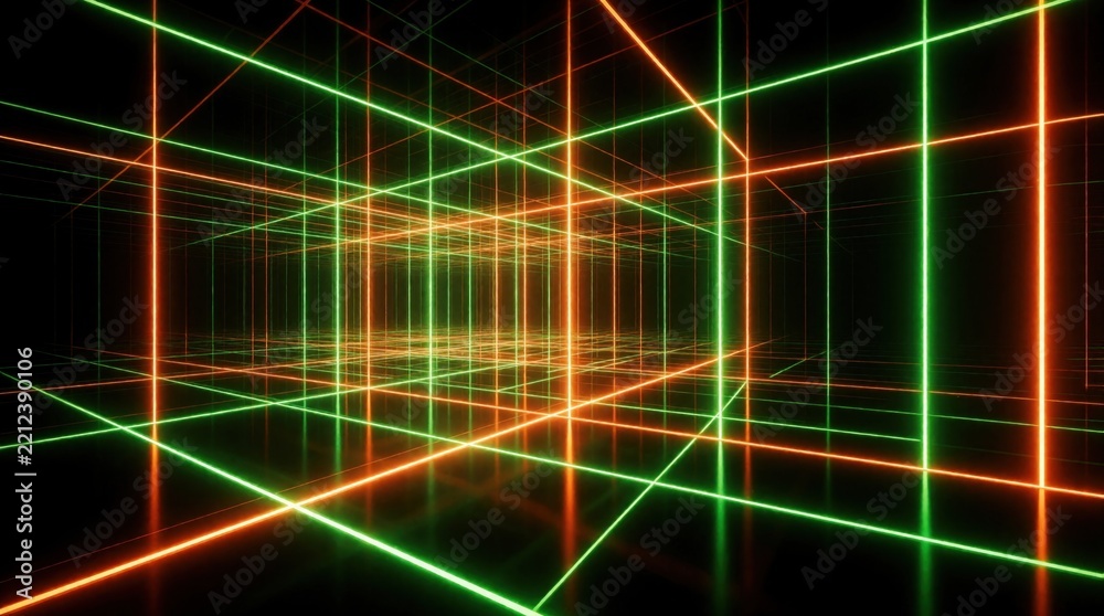 Fototapeta premium Abstract neon tunnel with glowing green, red lines. Futuristic digital corridor creates 3D geometric grid pattern in dark space. Cyberpunk light design shows perspective view of empty high tech