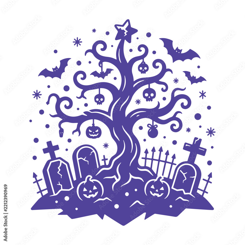 Fototapeta premium Spooky cute Halloween graveyard vector illustration