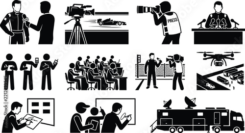 Motorsport media coverage vector illustration featuring journalism, press conference and broadcast elements for sport